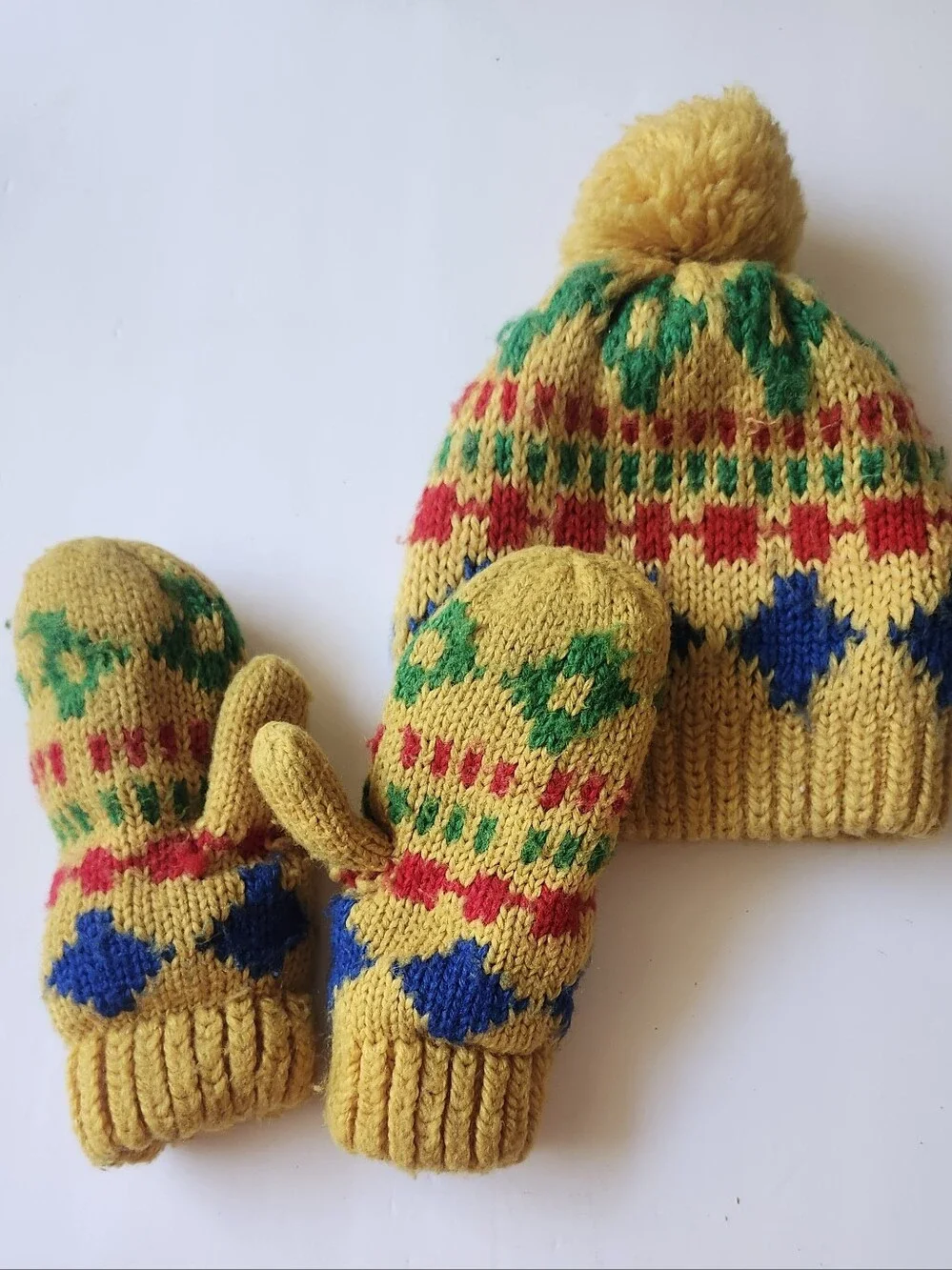 Yellow Knit Pom Pom Hat and Mittens Set for Kids -Pattern Made In JAPAN